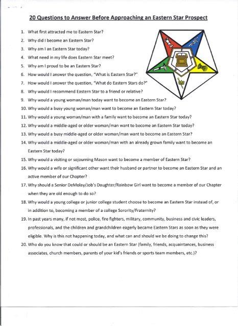 Class <b>Questions</b> <b>Answers</b>. . Order of the eastern star questions and answers